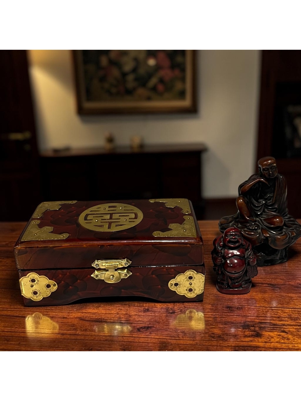 Asian Style Lacquer Decorative Box Brass Accents Buddha Figurines 3 Pc Lot